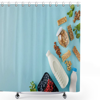 Personality  Top View Of Container With Berries, Bottles Of Yogurt And Milk, Jar Of Granola, Nuts, Cereal Bars On Blue Background Shower Curtains