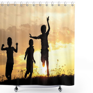 Personality  Children Running On Meadow At Sunset Shower Curtains