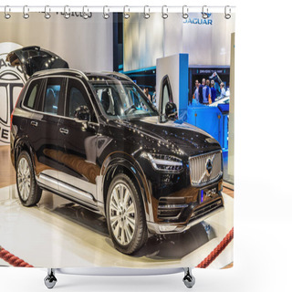 Personality  FRANKFURT, GERMANY - SEPT 2019: Black Armored VOLVO XC 90 SUV, IAA International Motor Show Auto Exhibtion Shower Curtains