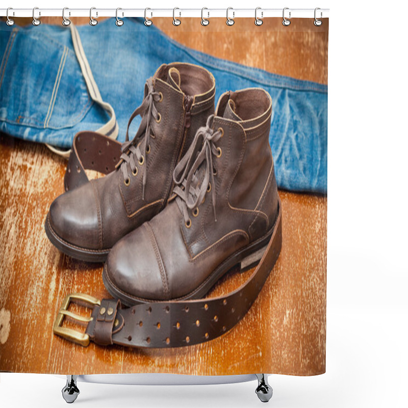 Personality  Fashionable Leather Shoes, Leather Belt And Jeans. Cowboy Style Shower Curtains