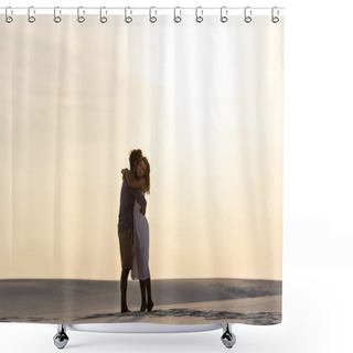 Personality  Side View Of Young Couple Hugging On Sandy Beach At Sunset Shower Curtains