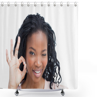 Personality  A Young Woman Winking And Holding Her Hand In The Okey Sign Shower Curtains