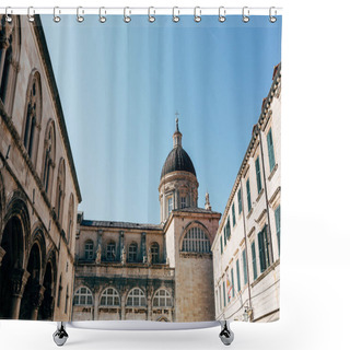 Personality  Low Angle View Of Virgin Mary Ascension Cathedral And Clear Blue Sky In Dubrovnik City, Croatia Shower Curtains