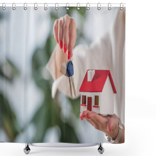 Personality  Partial View Of Businesswoman Showing House Model And Keys  Shower Curtains
