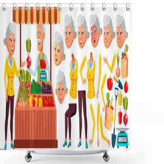 Personality  Asian Old Woman Vector. Senior Person Portrait. Elderly People. Aged. Animation Creation Set. Ecological Vegetables, Market. Emotions, Gestures. Active Grandparent. Animated. Isolated Illustration Shower Curtains