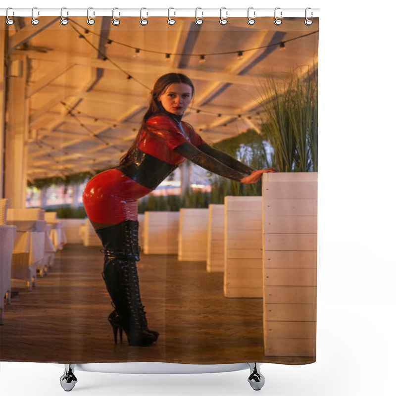 Personality  Brave Girl In Latex Walks In Public And Shows Her Exhibitionism Shower Curtains