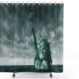 Personality  Apocalyptic Water View. Old Statue Of Liberty In Storm. 3d Render Shower Curtains