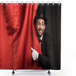 Personality  Smiling Magician In Suit And Hat Showing Thumb Up In Circus With Red Curtains Shower Curtains