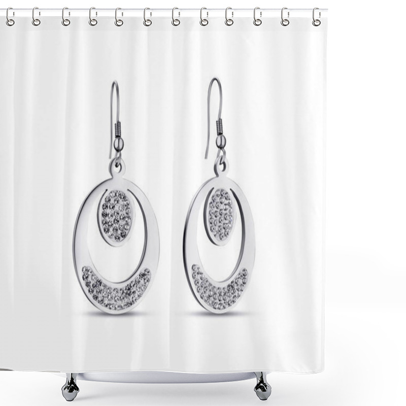 Personality  Elegant Drop Earrings White Gold With Diamonds, On White Background, Jewelry Shower Curtains