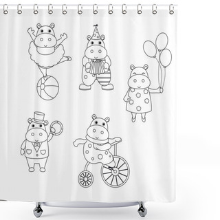 Personality  Circus Theme. Coloring Book. Set Of Circus Hippos With Different Actions. Shower Curtains