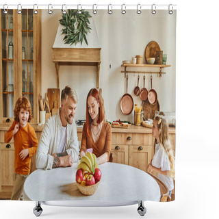 Personality  Joyful Kids Running Around Happy Parents Sitting With Smartphone Near Fresh Fruits In Cozy Kitchen Shower Curtains
