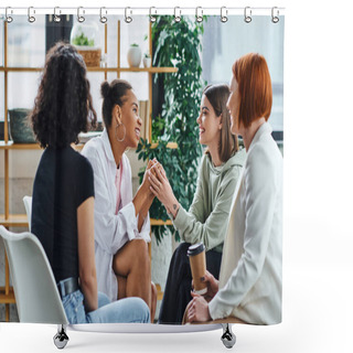 Personality  Young Tattooed Woman Holding Hands Of Happy African American Girlfriend Near Smiling Redhead Psychologist Sitting With Takeaway Drink In Paper Cup, Problem-solving And Mental Wellness Concept Shower Curtains