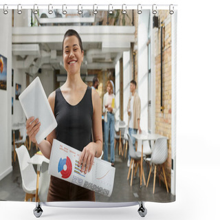 Personality  Cheerful And Tattooed Businesswoman Holding Digital Tablet, Startup, Generation Z, Graphs, Coworking Shower Curtains