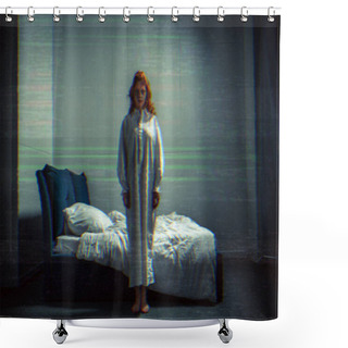 Personality  Creepy Demoniacal Girl In Nightgown Standing In Bedroom With Tv Noise Shower Curtains
