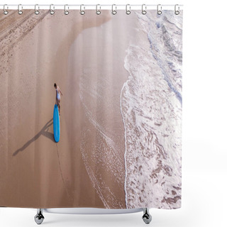 Personality  Aerial View Of Woman In White Swimsuit Pulling Surfboard On Sandy Beach, Ashdod, Israel Shower Curtains