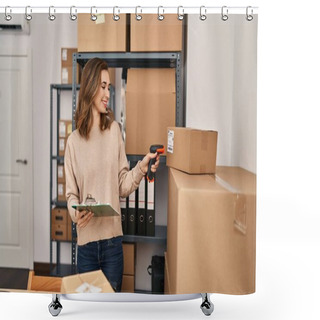 Personality  Young Woman Ecommerce Business Worker Scanning Package At Office Shower Curtains