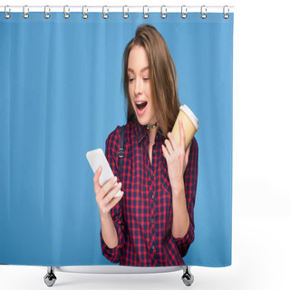 Personality  Surprised Girl With Coffee To Go Using Smartphone, Isolated On Blue Shower Curtains