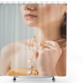 Personality  Partial View Of Young Woman With Shiny Lips In Golden Necklaces And Rings Isolated On Grey Shower Curtains