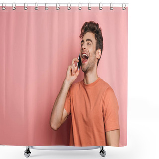 Personality  Cheerful Young Man Laughing While Talking On Smartphone On Pink Background Shower Curtains