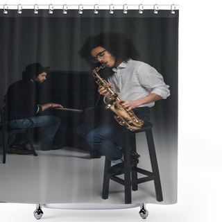 Personality  Duet Of Musicians  On Black Shower Curtains
