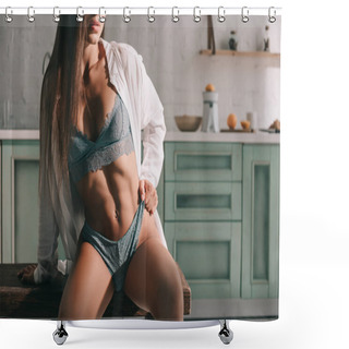 Personality  Cropped View Of Sexy Girl Posing In Blue Lingerie And Shirt In Kitchen Shower Curtains
