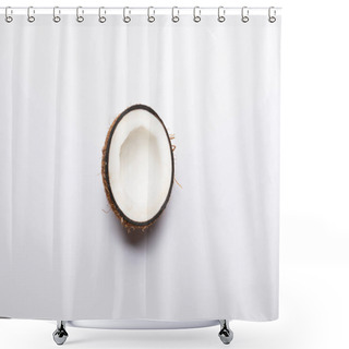 Personality  Top View Of Ripe Coconut Half On White Background With Copy Space Shower Curtains
