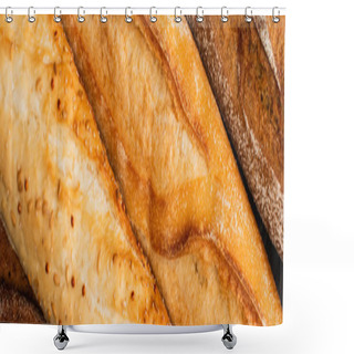 Personality  Close Up View Of Fresh Baked Baguette Loaves, Panoramic Shot Shower Curtains