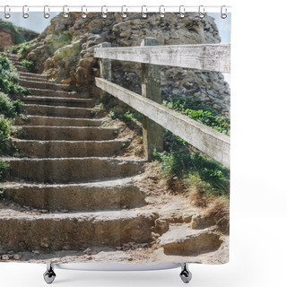 Personality  Wooden Railing And Stone Stairs On Cliff, Etretat, Normandy, France Shower Curtains