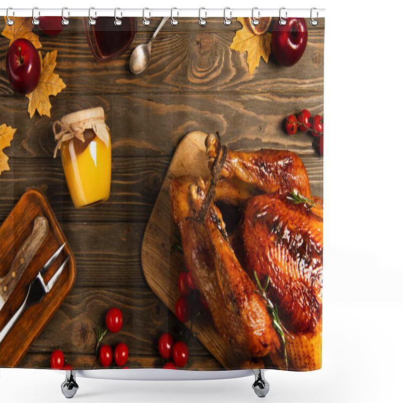 Personality  Thanksgiving Setting, Grilled Turkey Near Honey And Cherry Tomatoes On Decorated Wooden Table Shower Curtains