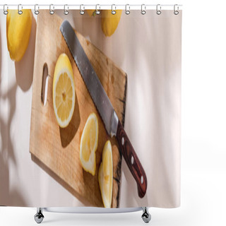 Personality  Top View Of Cutted Lemons On Wooden Board With Knife On Grey Table, Panoramic Concept Shower Curtains