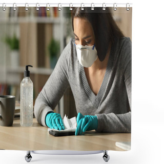 Personality  Woman With Gloves And Protective Mask Disinfecting Smart Phone From Coronavirus Sitting On A Desk At Night At Home Shower Curtains