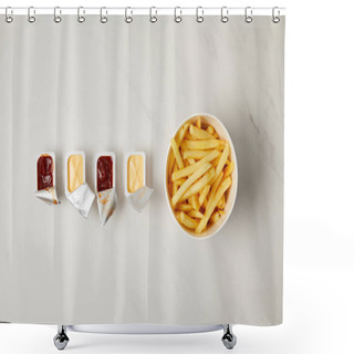 Personality  Top View Of French Fries In Bowl With Containers Of Sauces In Row On White Shower Curtains