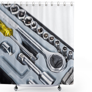 Personality  Close Up View Of Toolbox With Wrench And Screwdriver Isolated On White Shower Curtains