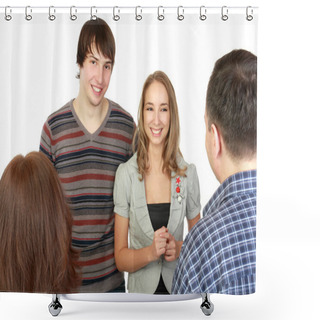 Personality  Meeting Of Young Pair With Parents. Shower Curtains