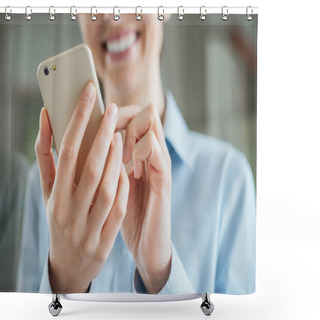 Personality  Woman Using A Smartphone And Leaning On A Window Shower Curtains