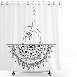 Personality  Yoga Style Mandala With Woman Line Silhouette In Yoga Pose Vector Illustration. Shower Curtains