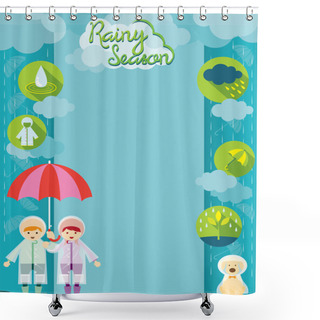 Personality  Boy And Girl With Umbrella Rainy Season Icons Frame Shower Curtains