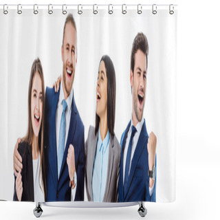 Personality  Happy Multicultural Business People In Suits Laughing And Showing Yes Gestures Isolated On White, Panoramic Shot Shower Curtains