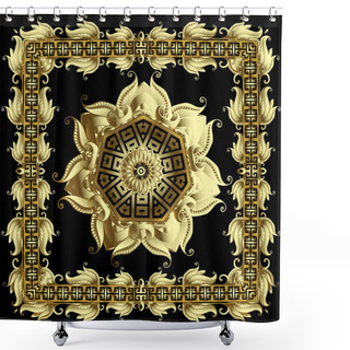 Personality  Greek Round Gold 3d Vector Mandala Pattern With Square Floral Frame. Tribal Ethnic Style Decorative Background. Geometric Greek Key Meanders Golden Ornament. Vintage Paisley Flowers, Shapes, Frames. Shower Curtains