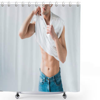 Personality  Cropped View Of Man Taking Off White T-shirt And Standing On White  Shower Curtains