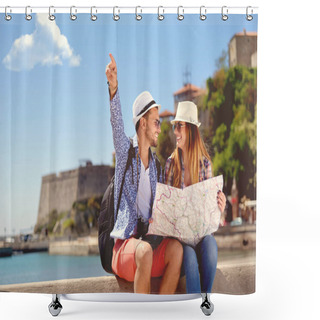 Personality  Summer Holidays, Dating And Tourism Concept - Smiling Couple In Sunglasses With Map In The City Shower Curtains