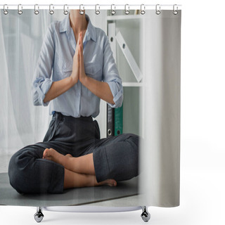 Personality  Cropped View Of Businesswoman Practicing Yoga In Lotus Position With Namaste Gesture On Mat In Office  Shower Curtains