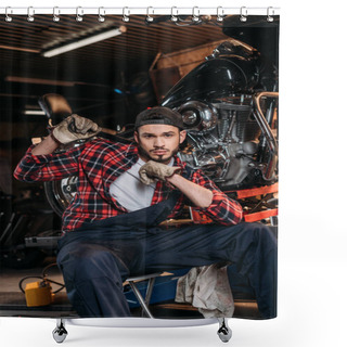 Personality  Attractive Bike Repair Station Worker With Wrench Sitting In Front Of Motorcycle Shower Curtains