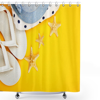 Personality  Colorful Summer Female Fashion Outfit. Sunhat, White Flip Flops, Polka Dot Towel, And Starfish On Yellow Background. Beach, Vacation, Travel Concept, Minimalism. Flat Lay, Top View. Copy Space Shower Curtains