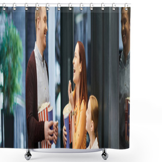 Personality  A Happy Family Stands Inside Of A Cinema Building. Shower Curtains