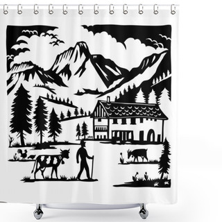 Personality  Swiss Scherenschnitt Or Scissors Cut Illustration Of Silhouette Of Gantrisch Nature Park With Chalet, Farmer, Cow, Goat Between Bern, Thun And Freiburg Switzerland In Paper Cut Or Decoupage Style Shower Curtains