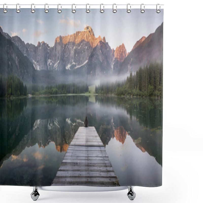 Personality  Reflection Of Mountain Mangart In Lake Laghi Di Fusi Shower Curtains