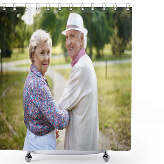 Personality  Happy Senior Couple In Park Shower Curtains
