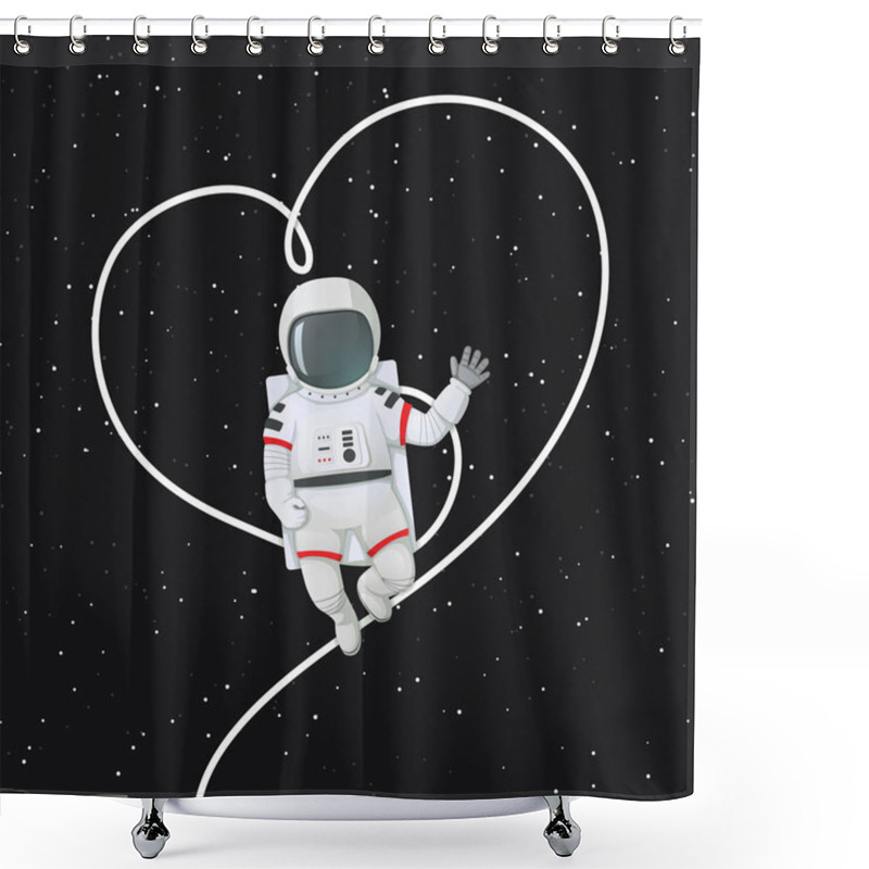 Personality  Astronaut Floating And Waving A Hand With His Tether Outlining The Shape Of A Heart. Dark Space With Stars In The Background. Romantic Valentine Day Vector Poster, Card.  Shower Curtains