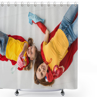 Personality  Top View Of Mother And Kid In Red Capes And Rubber Gloves Holding Sprays And Rug Shower Curtains